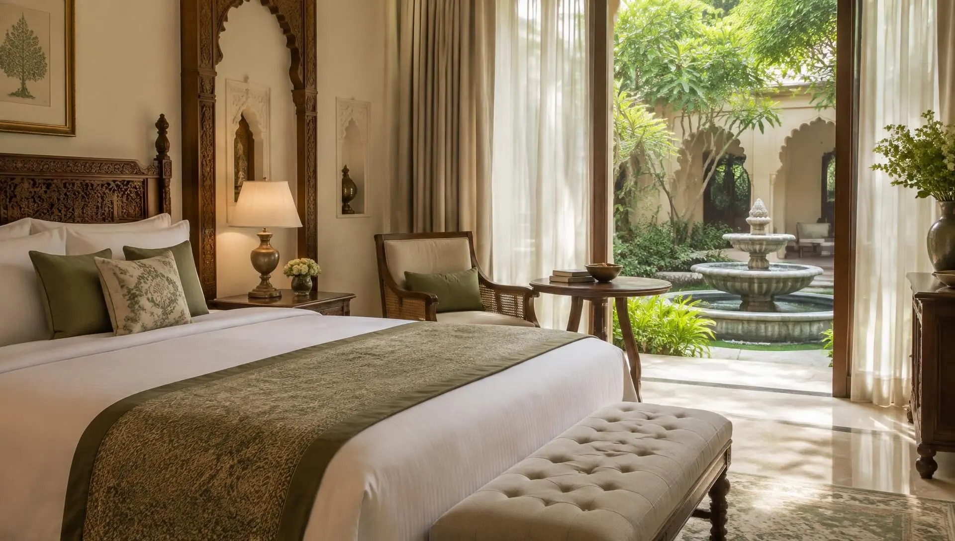 A calm hotel suite opening onto a courtyard garden in India